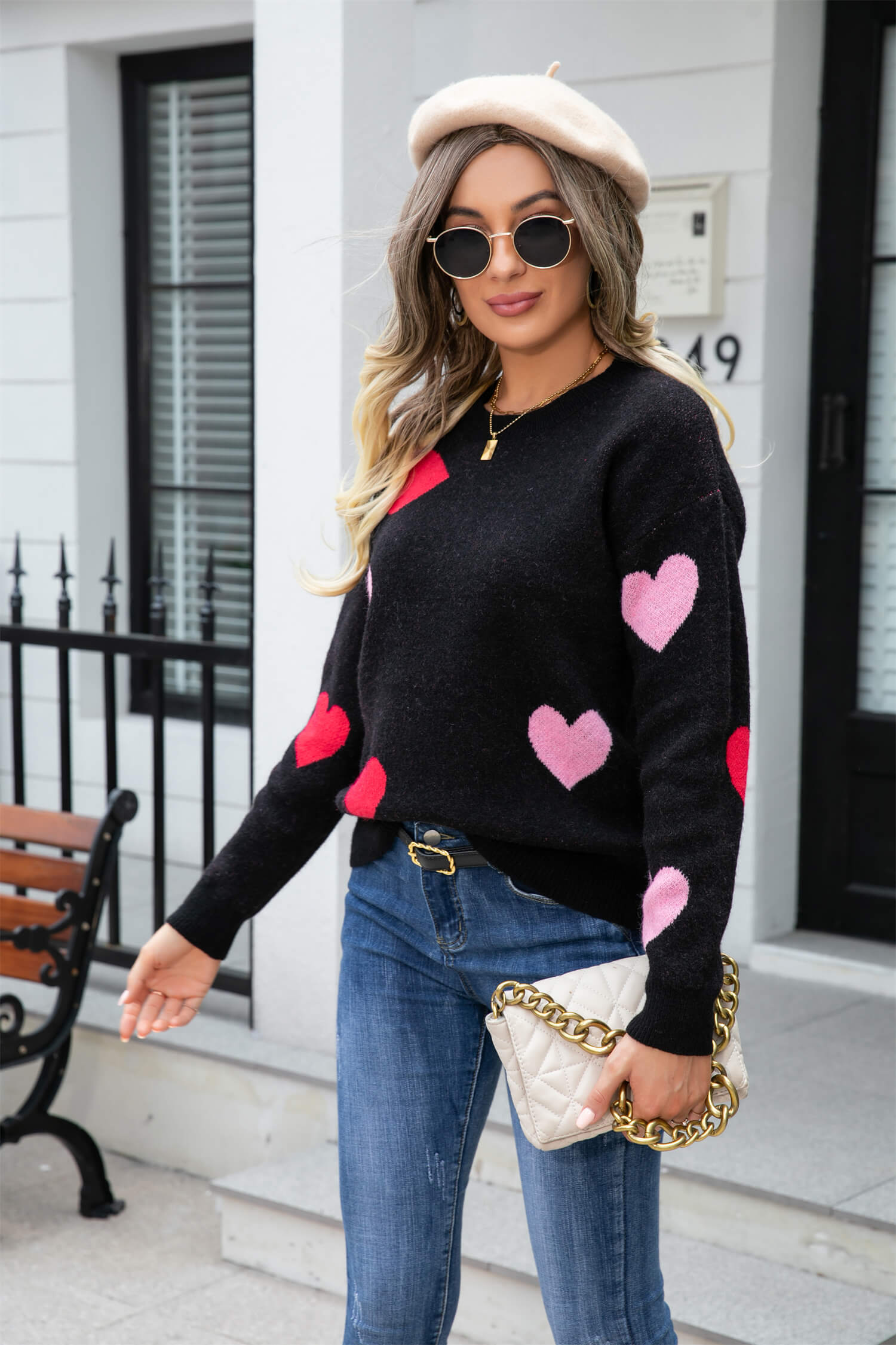 Poker Heart Knit Sweater - Black