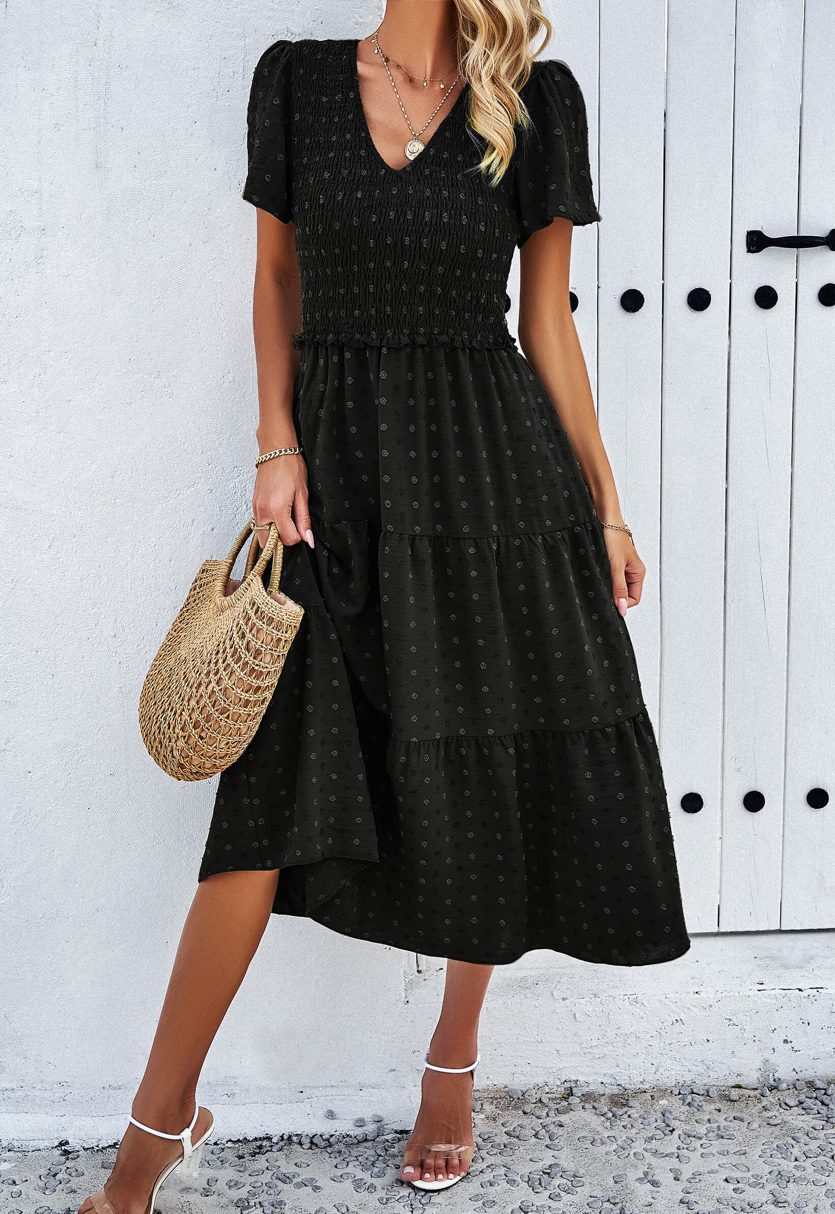Leonie Spotted Tiered Midi Dress - Black