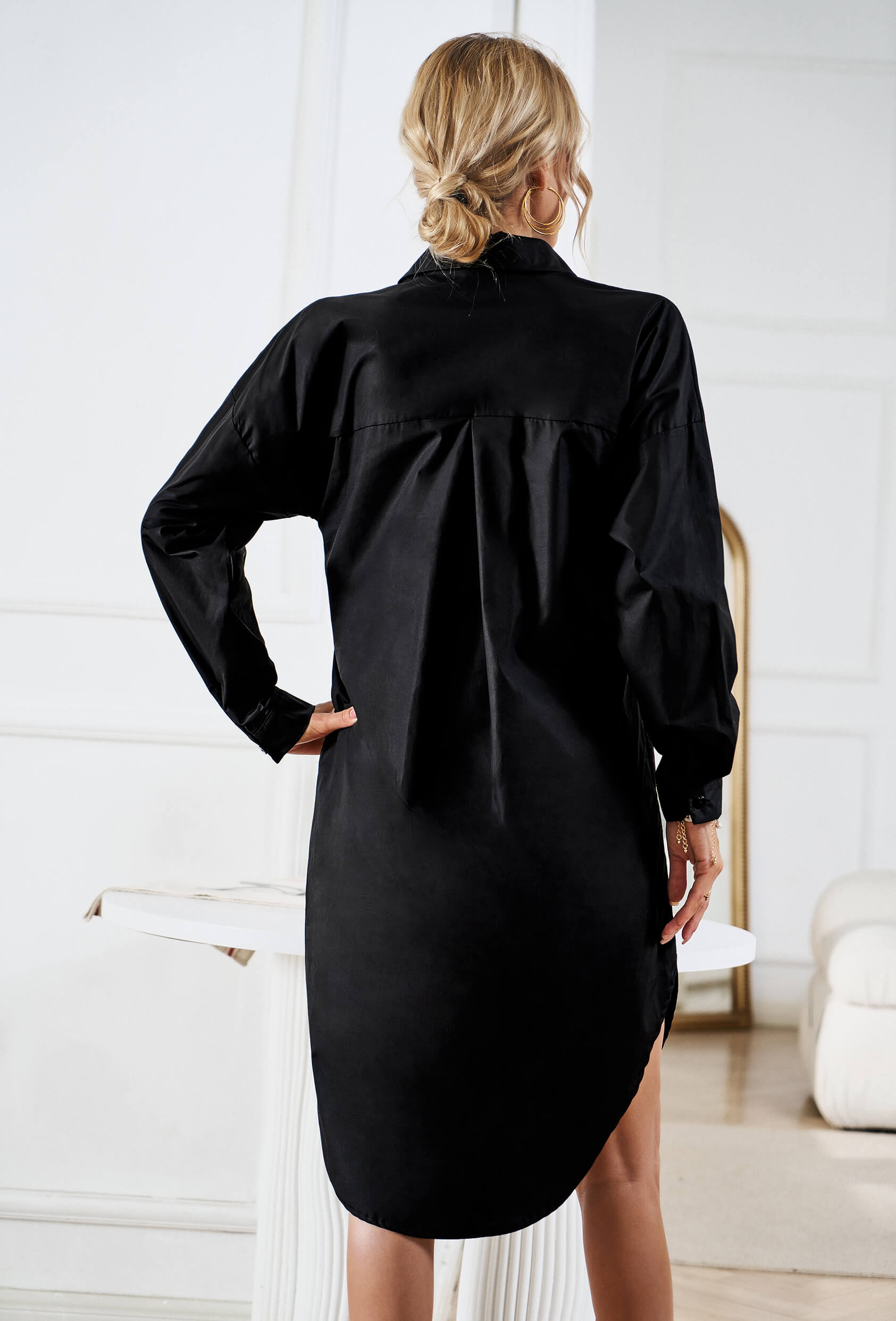 Halia Collared Button Down Midi Shirt Dress - Black