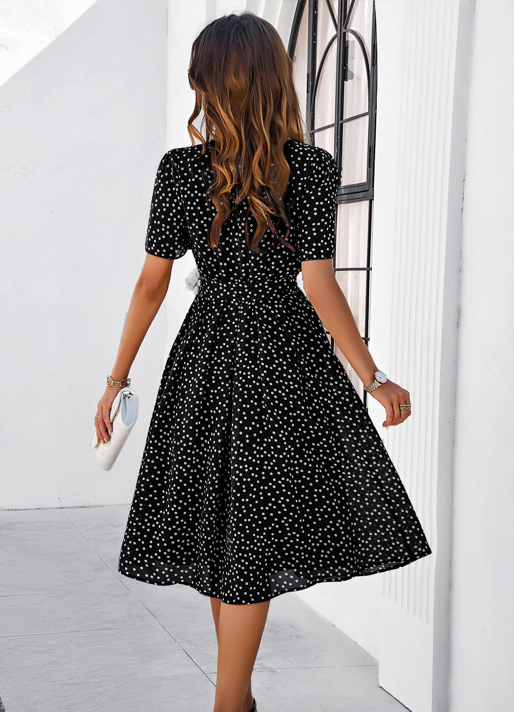 Margaret Polka Dot Midi Dress - Black