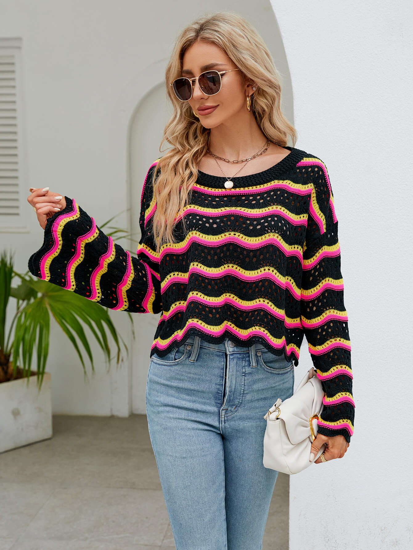Reba Knit Striped Scalloped Hem Top - Black