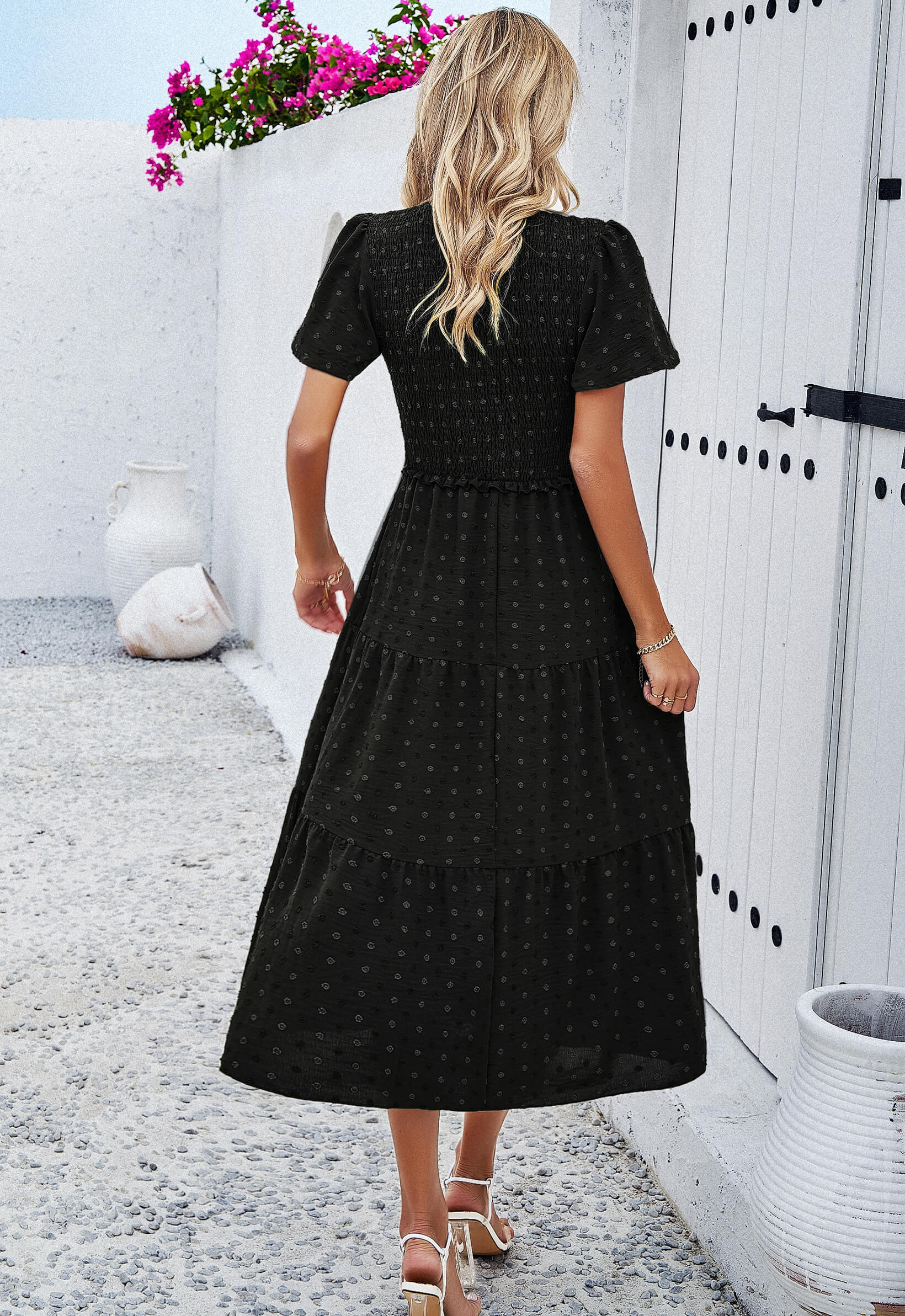 Leonie Spotted Tiered Midi Dress - Black