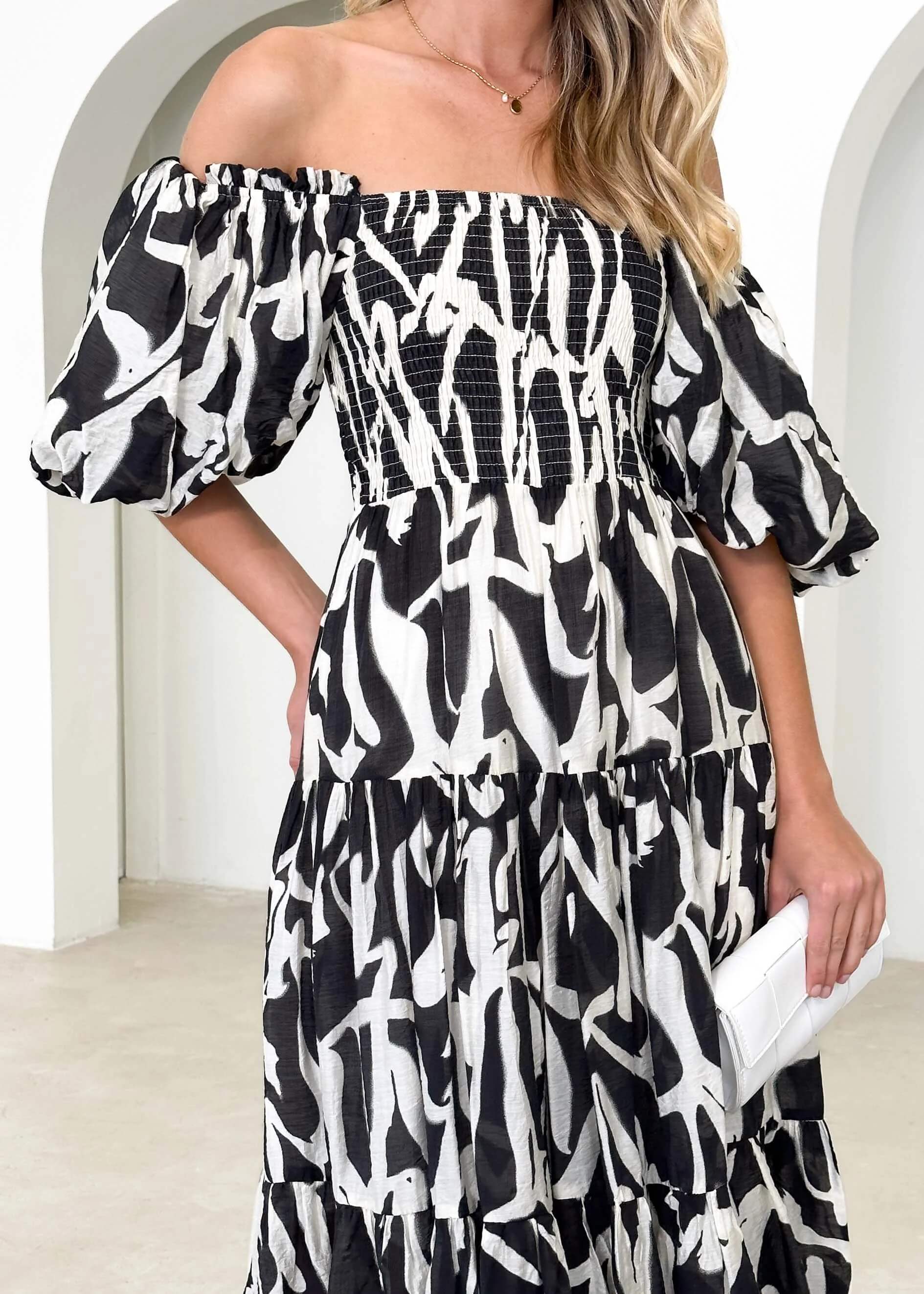 Chiara Floral Off The Shoulder Maxi Dress - Black