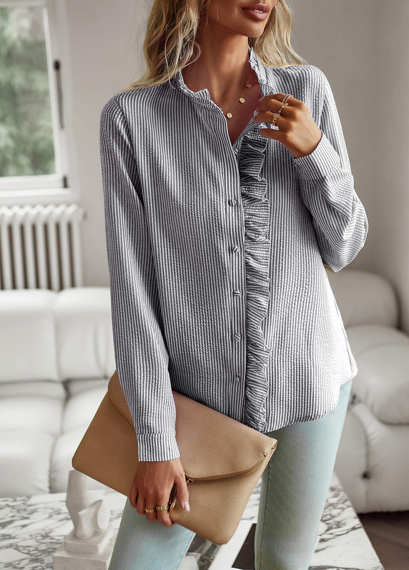 Brixey Stripe Ruffle Button Down Top - Black