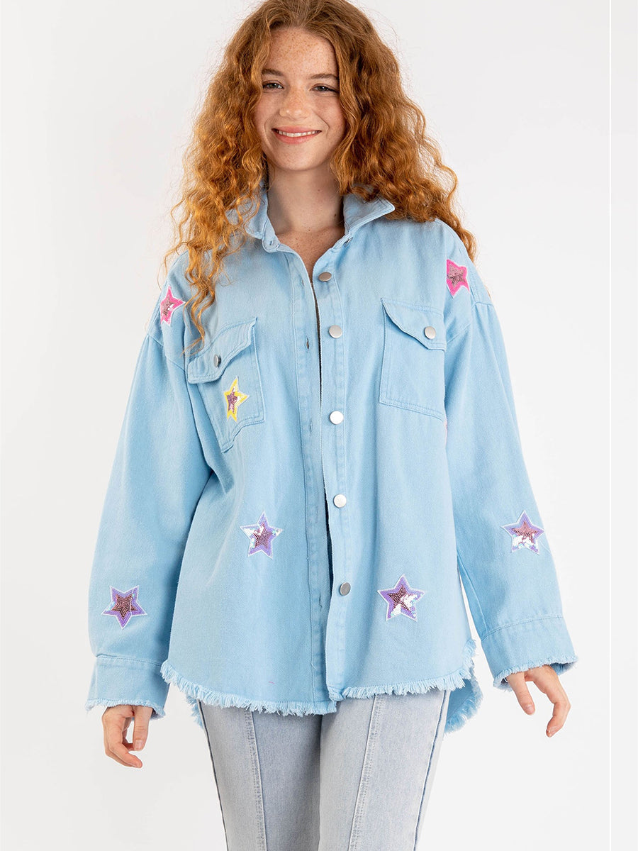 Be My Own Star Cotton Distressed Denim Shacket