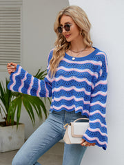 Reba Knit Striped Scalloped Hem Top - Blue