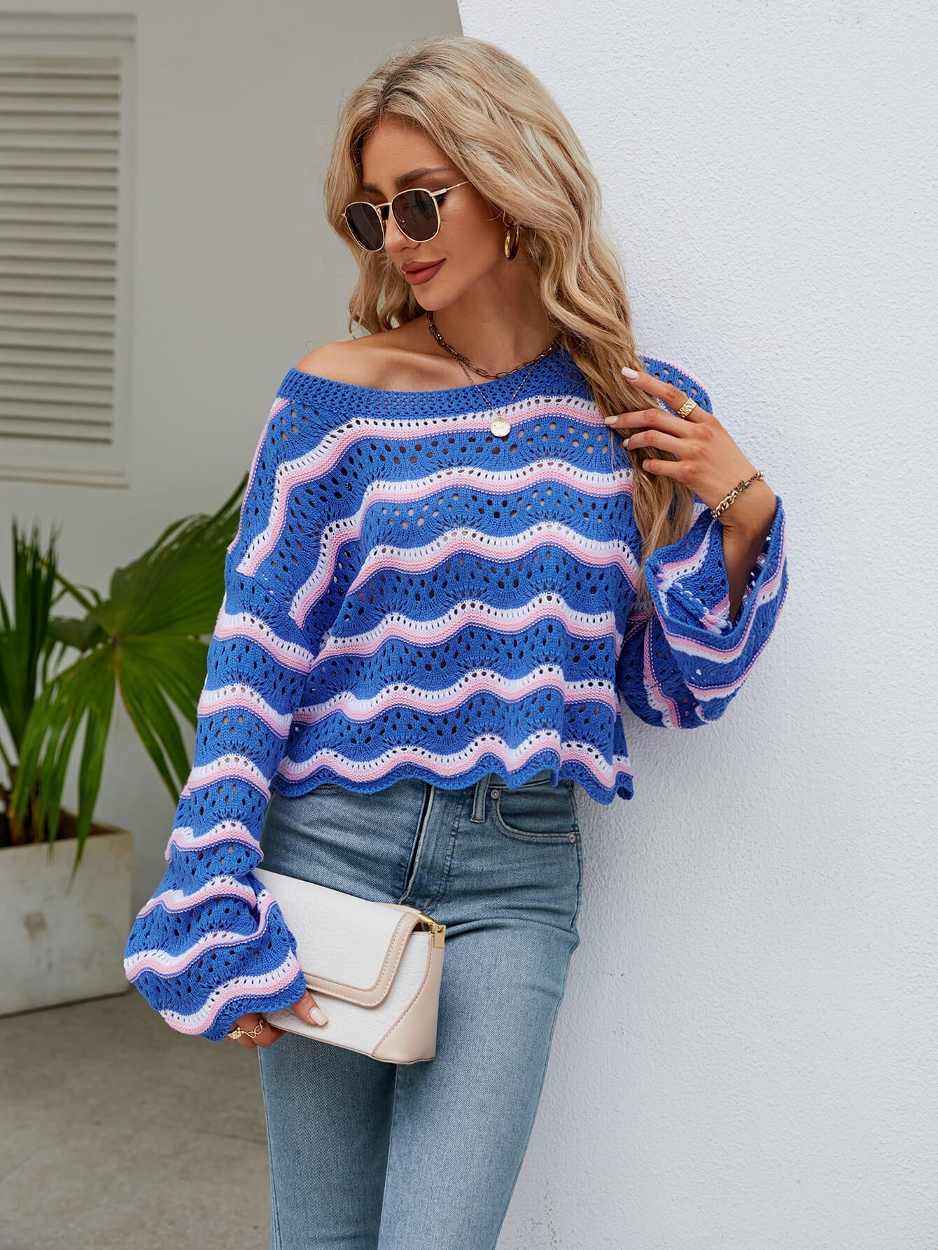 Reba Knit Striped Scalloped Hem Top - Blue