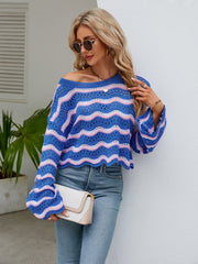 Reba Knit Striped Scalloped Hem Top - Blue