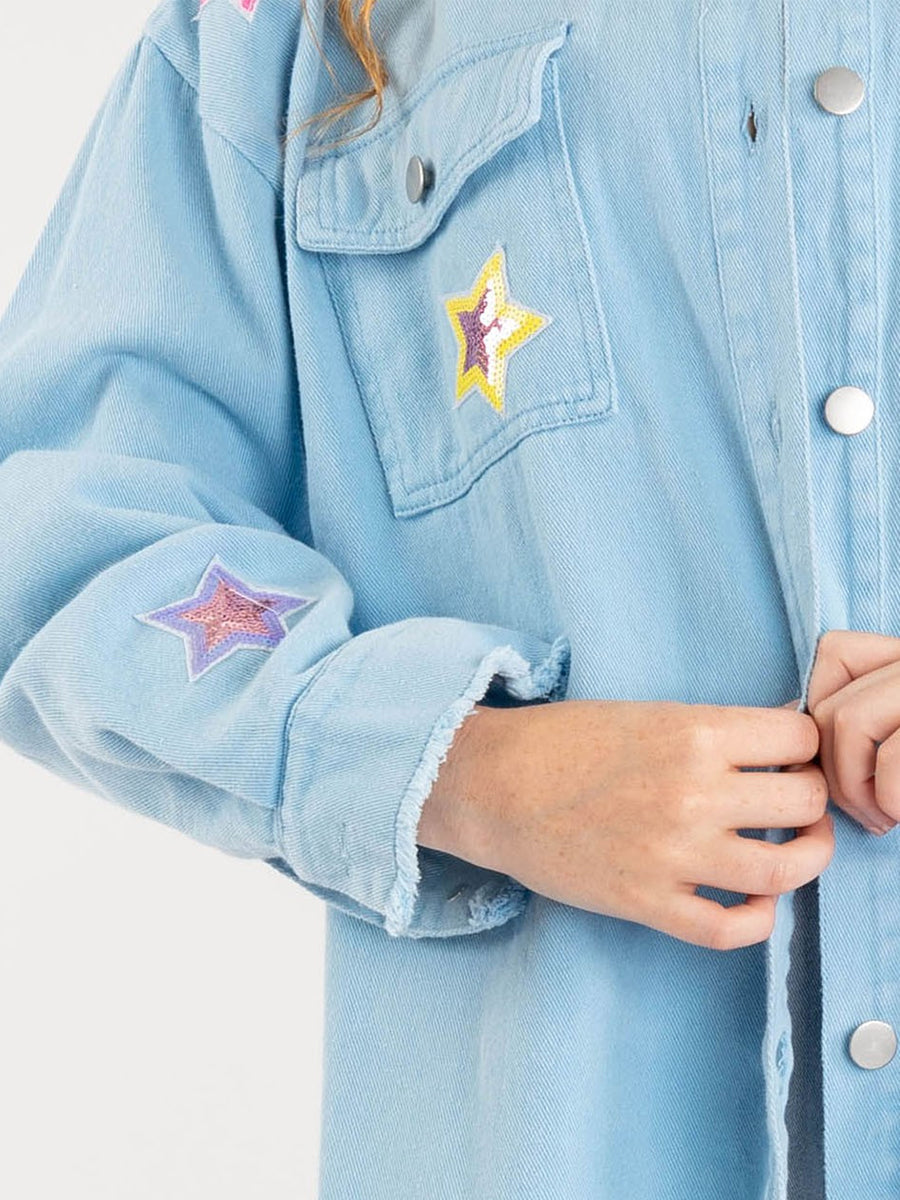 Be My Own Star Cotton Distressed Denim Shacket