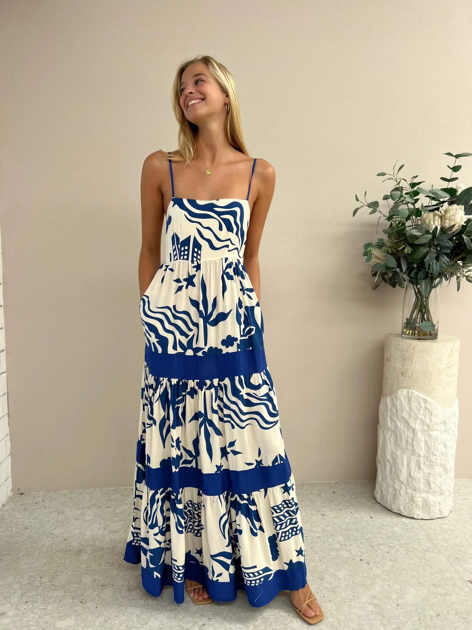 Mahana Printed Tiered Maxi Dress - Blue