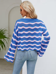 Reba Knit Striped Scalloped Hem Top - Blue