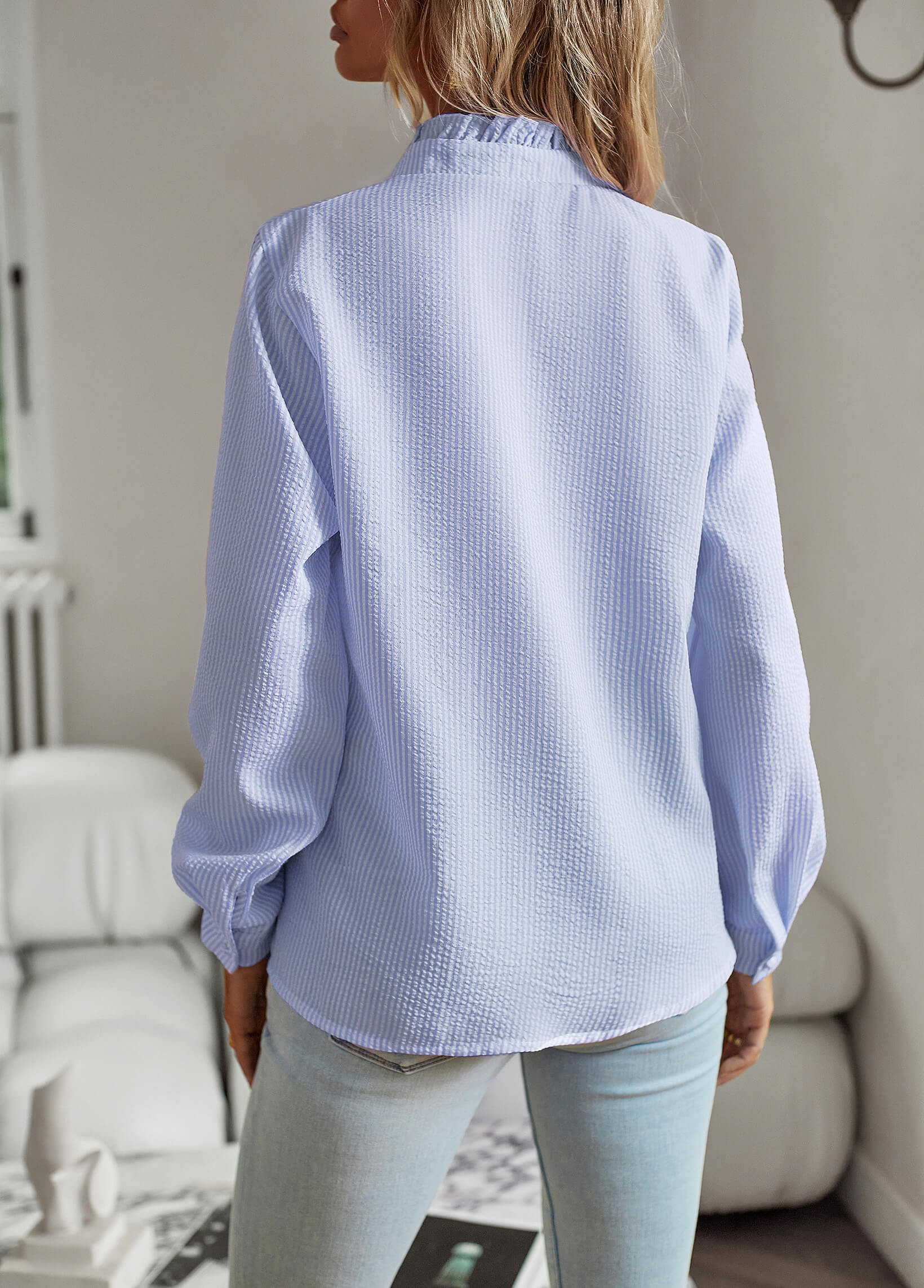 Brixey Stripe Ruffle Button Down Top - Blue