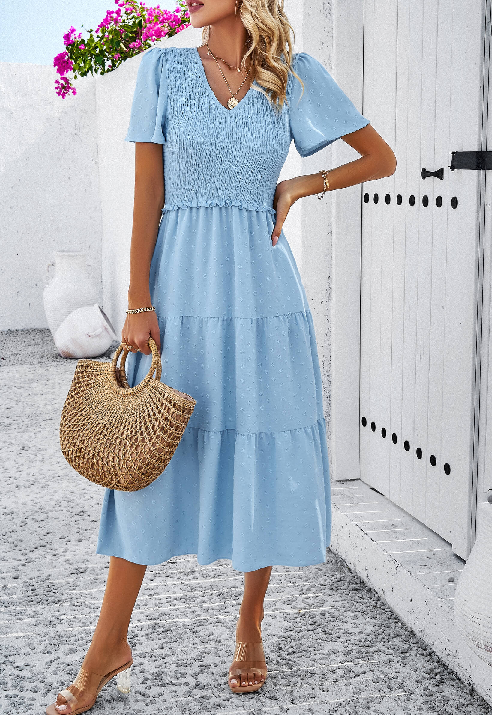 Leonie Spotted Tiered Midi Dress - Blue