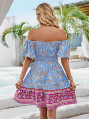 Ashlyn Off-Shoulder Boho Mini Dress - Blue