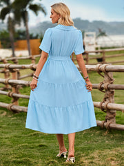 Celie Poplin Collared Tie Waist Midi Dress - Blue