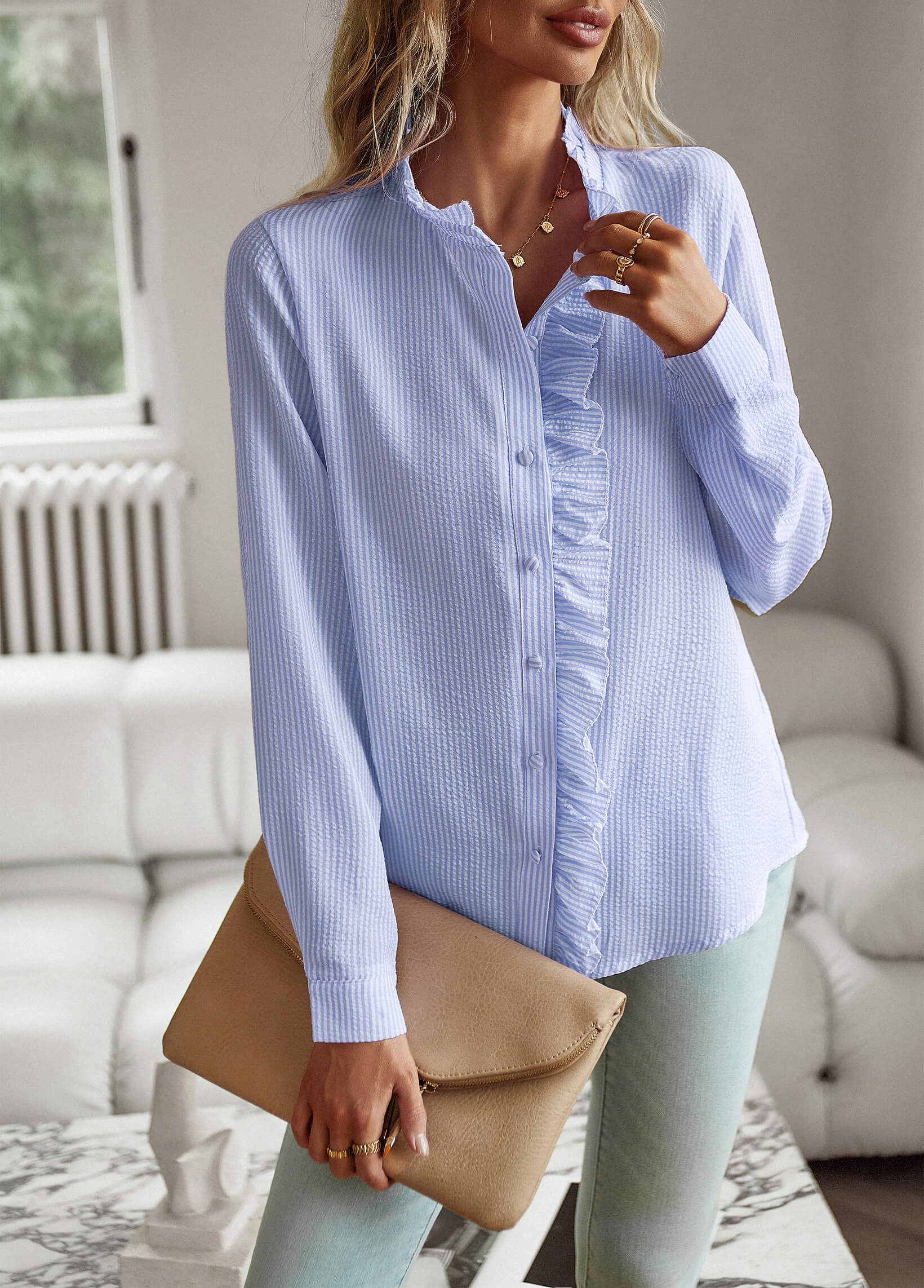 Brixey Stripe Ruffle Button Down Top - Blue