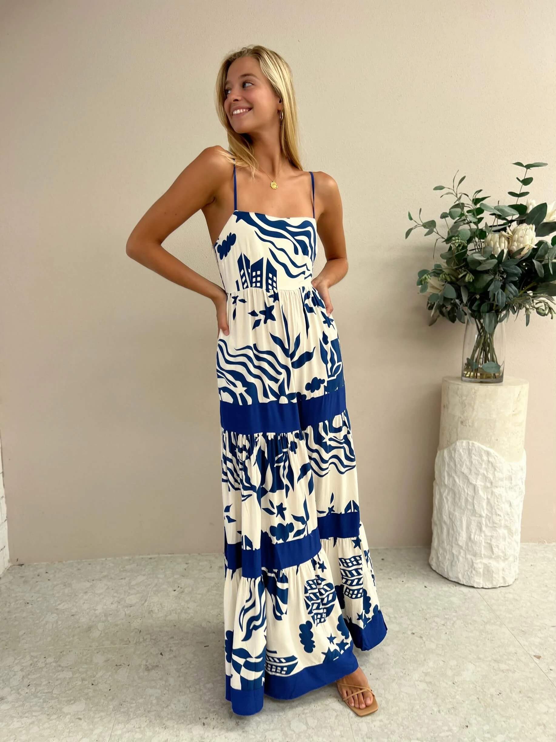 Mahana Printed Tiered Maxi Dress - Blue