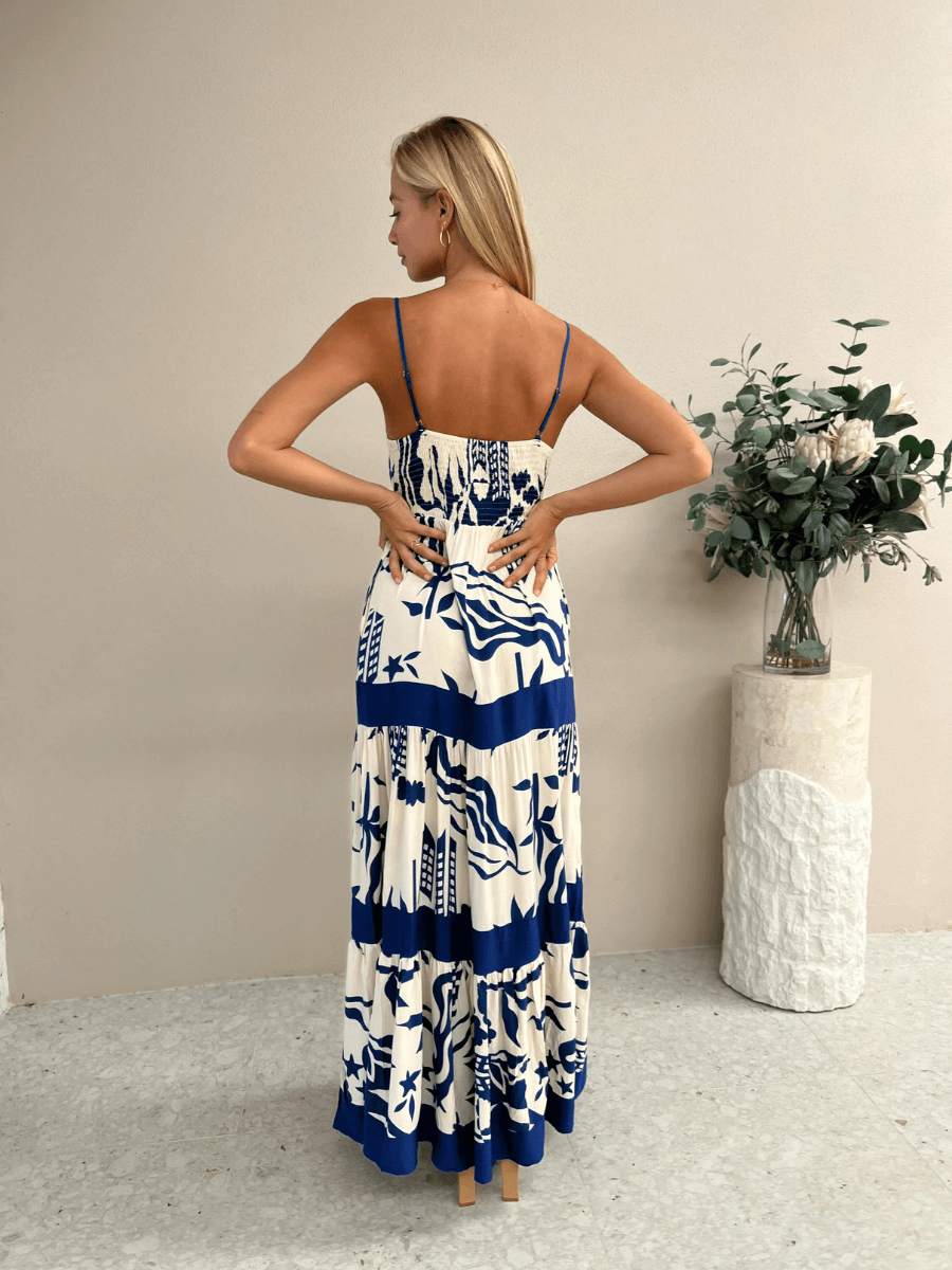 Mahana Printed Tiered Maxi Dress - Blue