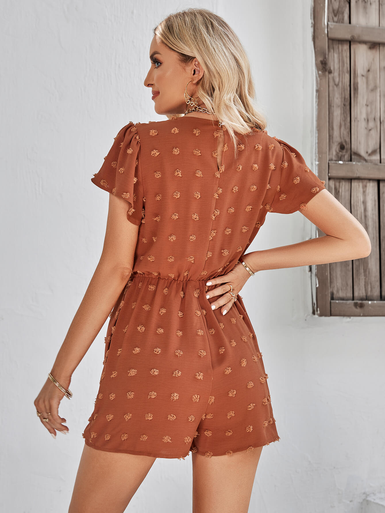 HOUSTON LACE NECK POP ROMPER - BRICK