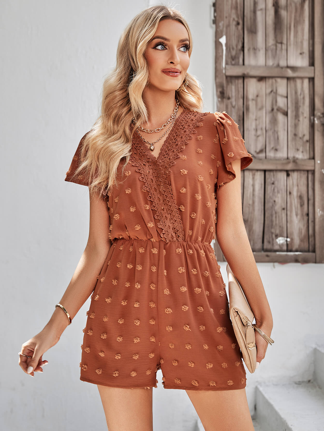 HOUSTON LACE NECK POP ROMPER - BRICK