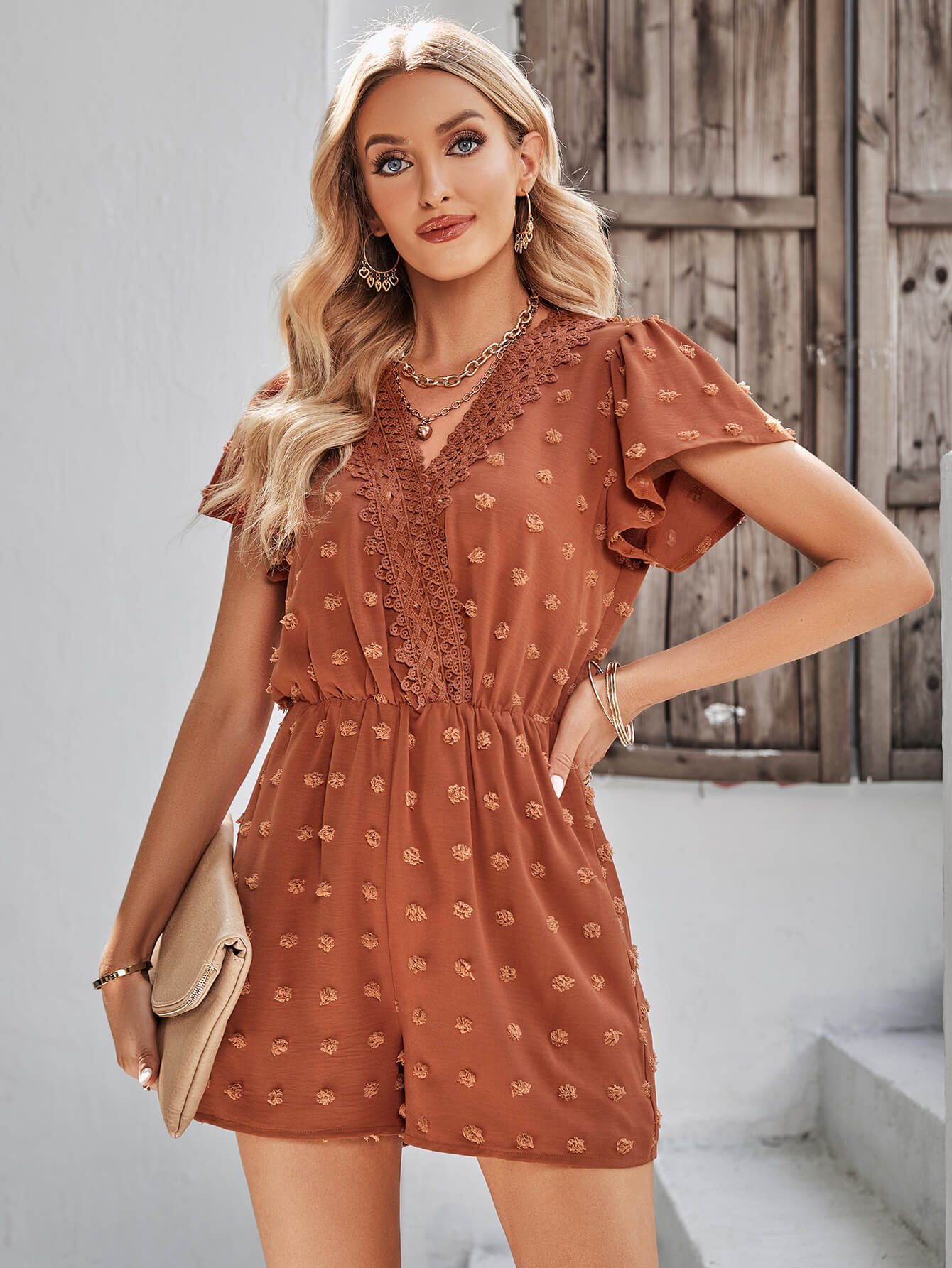HOUSTON LACE NECK POP ROMPER - BRICK