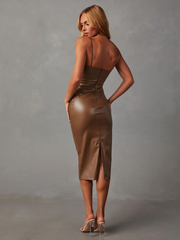 Hera Bodycon Faux Leather Midi Dress - Brown
