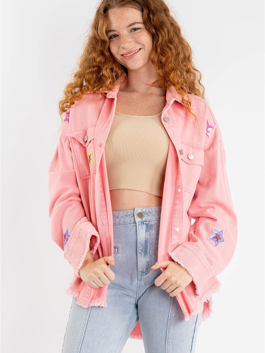 Be My Own Star Cotton Distressed Denim Shacket