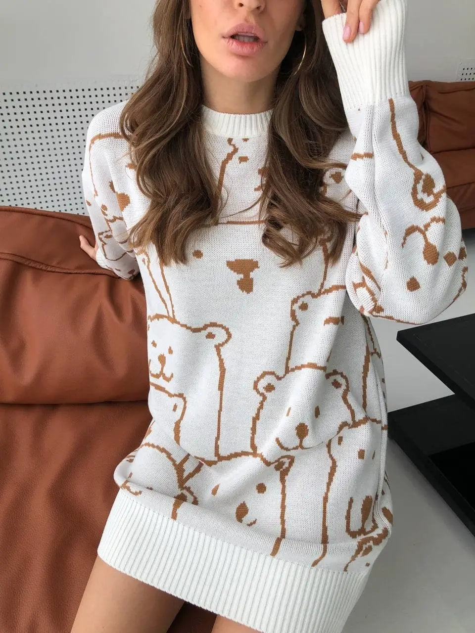 Cream Smiley Polar Bear Knit Sweater Dress