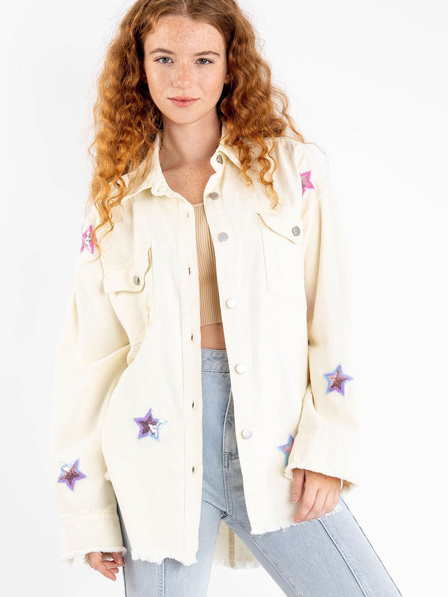 Be My Own Star Cotton Distressed Denim Shacket