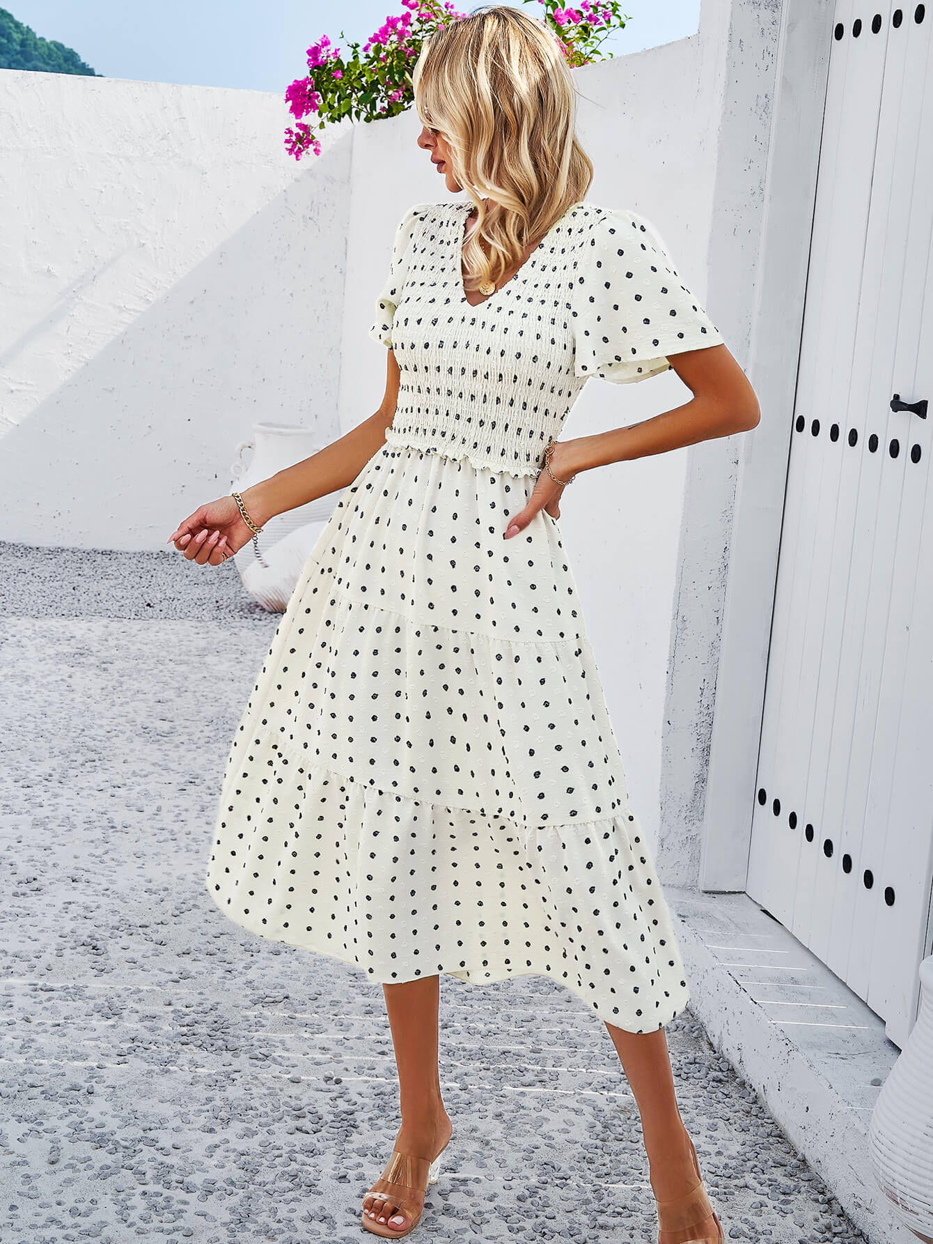 Leonie Spotted Tiered Midi Dress - Cream