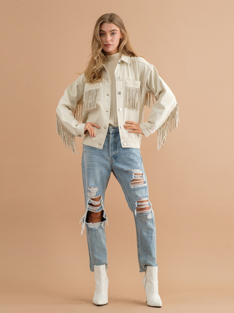 SEQUIN TASSEL WING RETRO DENIM JACKET - ECRU