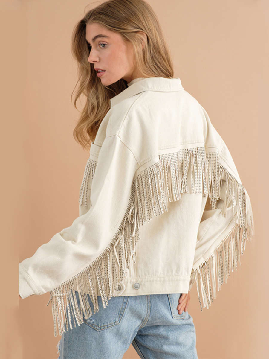 SEQUIN TASSEL WING RETRO DENIM JACKET - ECRU