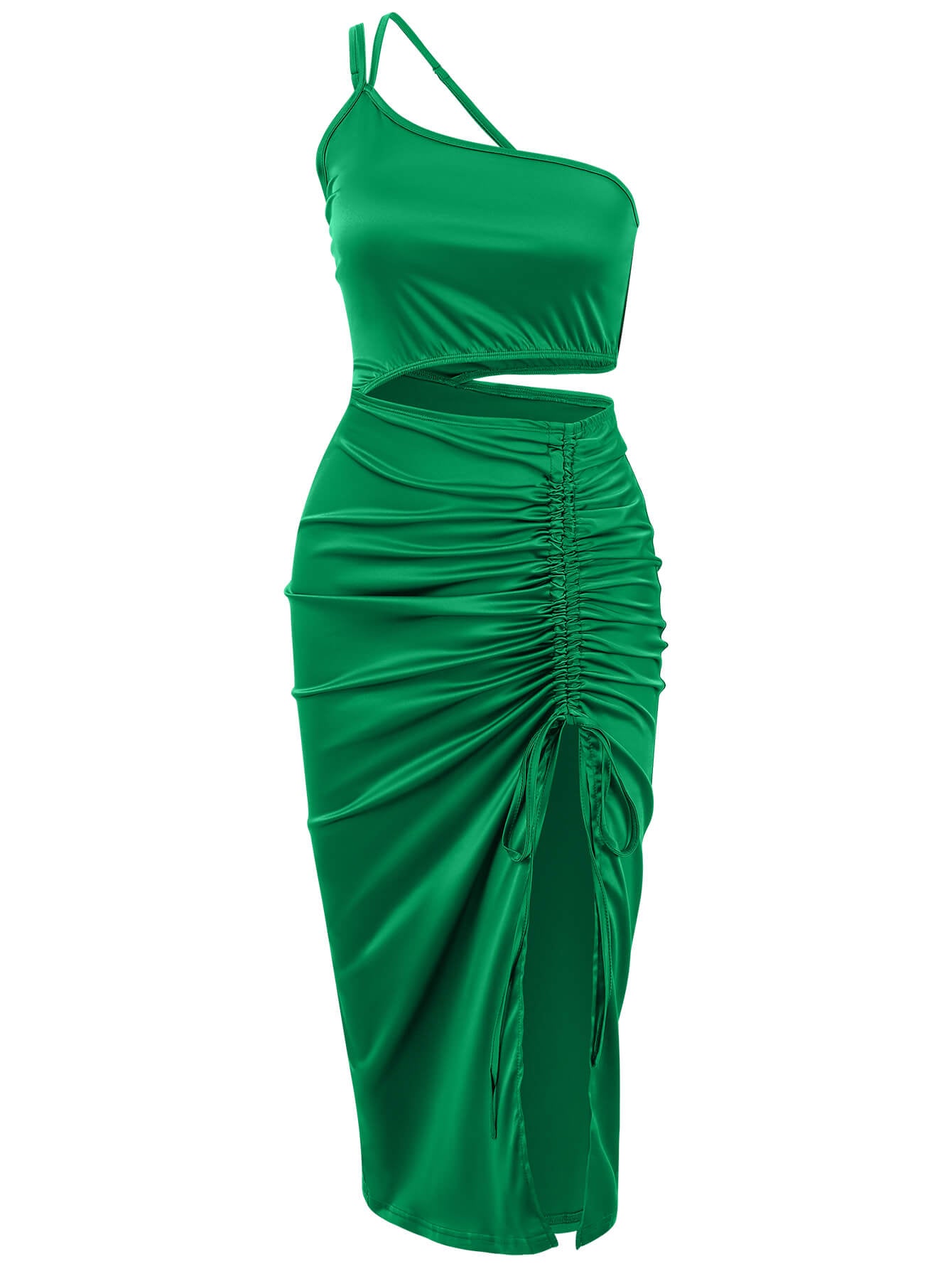 Vianne One-Shoulder Satin Midi Dress - Emerald