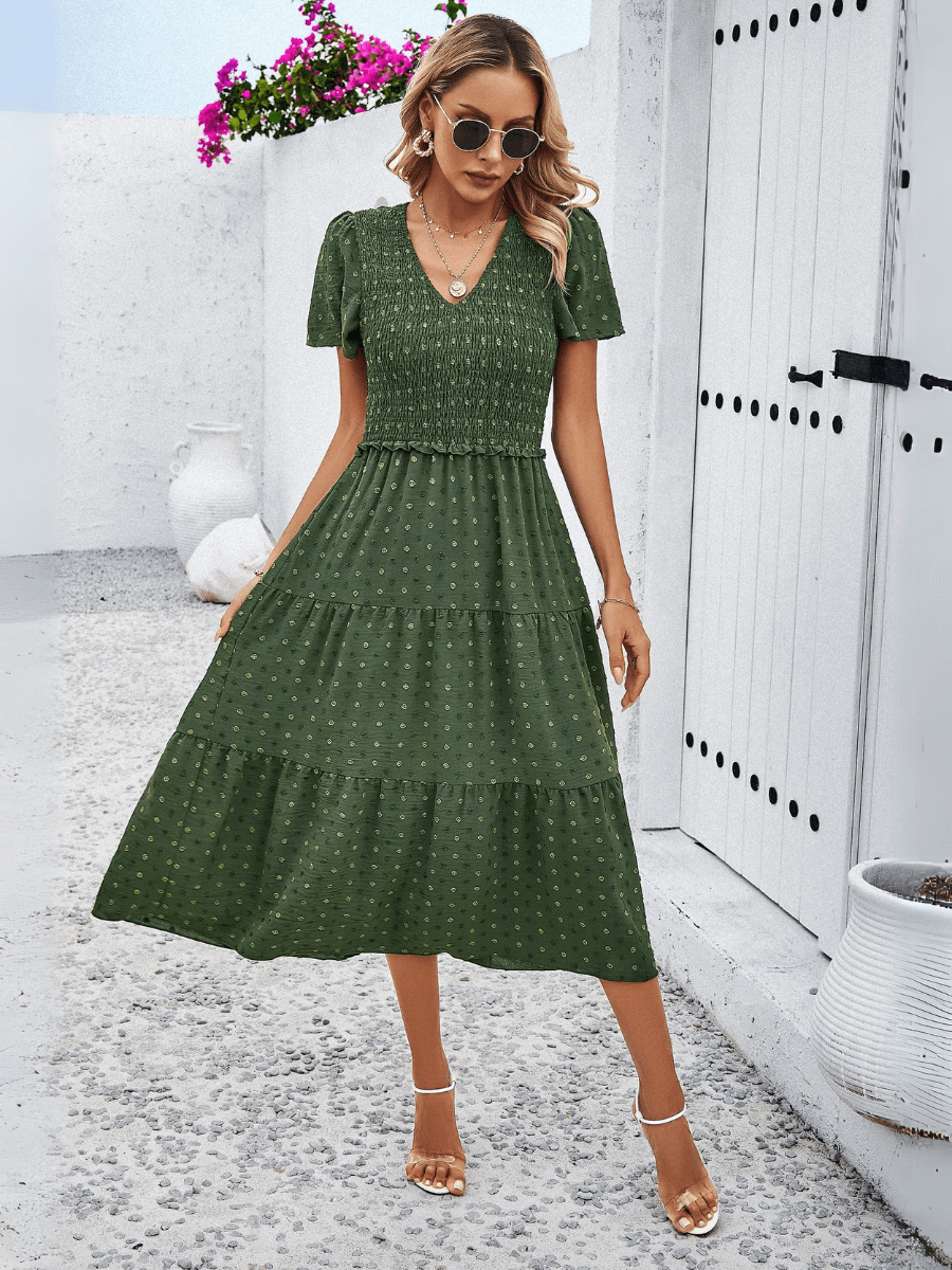 Leonie Spotted Tiered Midi Dress - Green