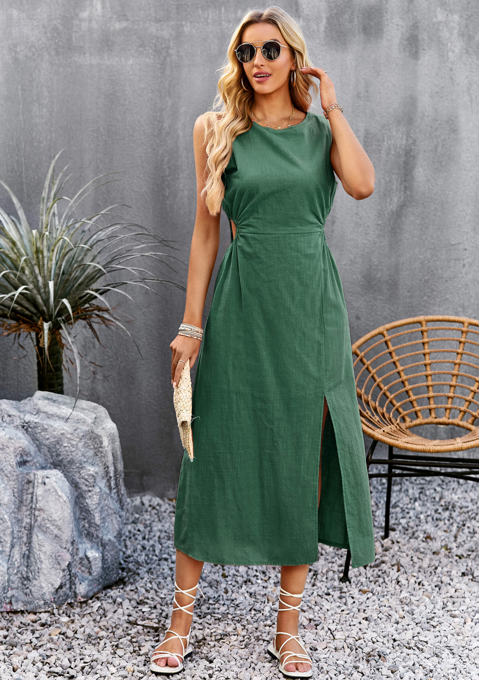 Lunch Date Sleeveless Slit Midi Dress - Green