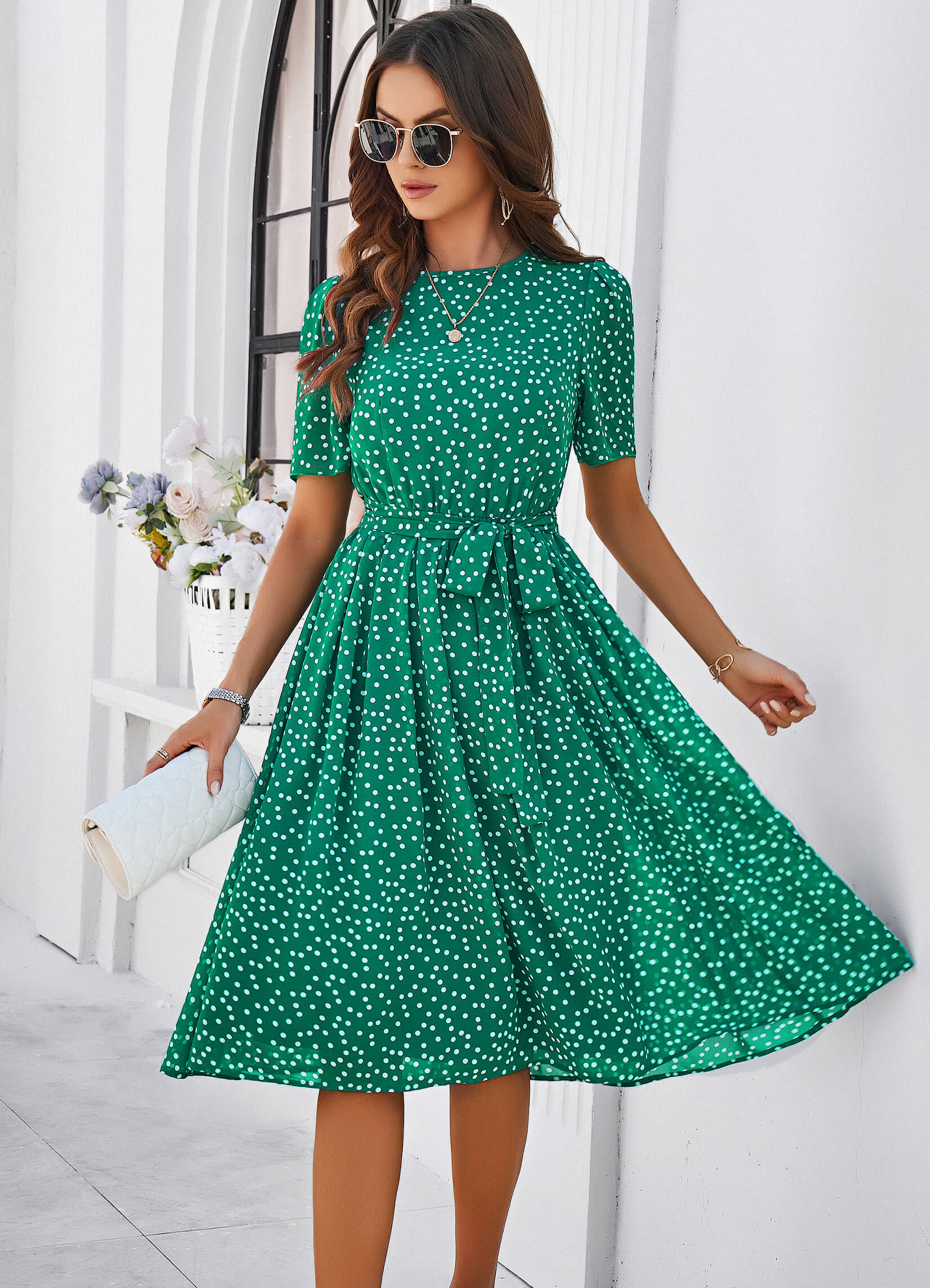 Margaret Polka Dot Midi Dress - Green