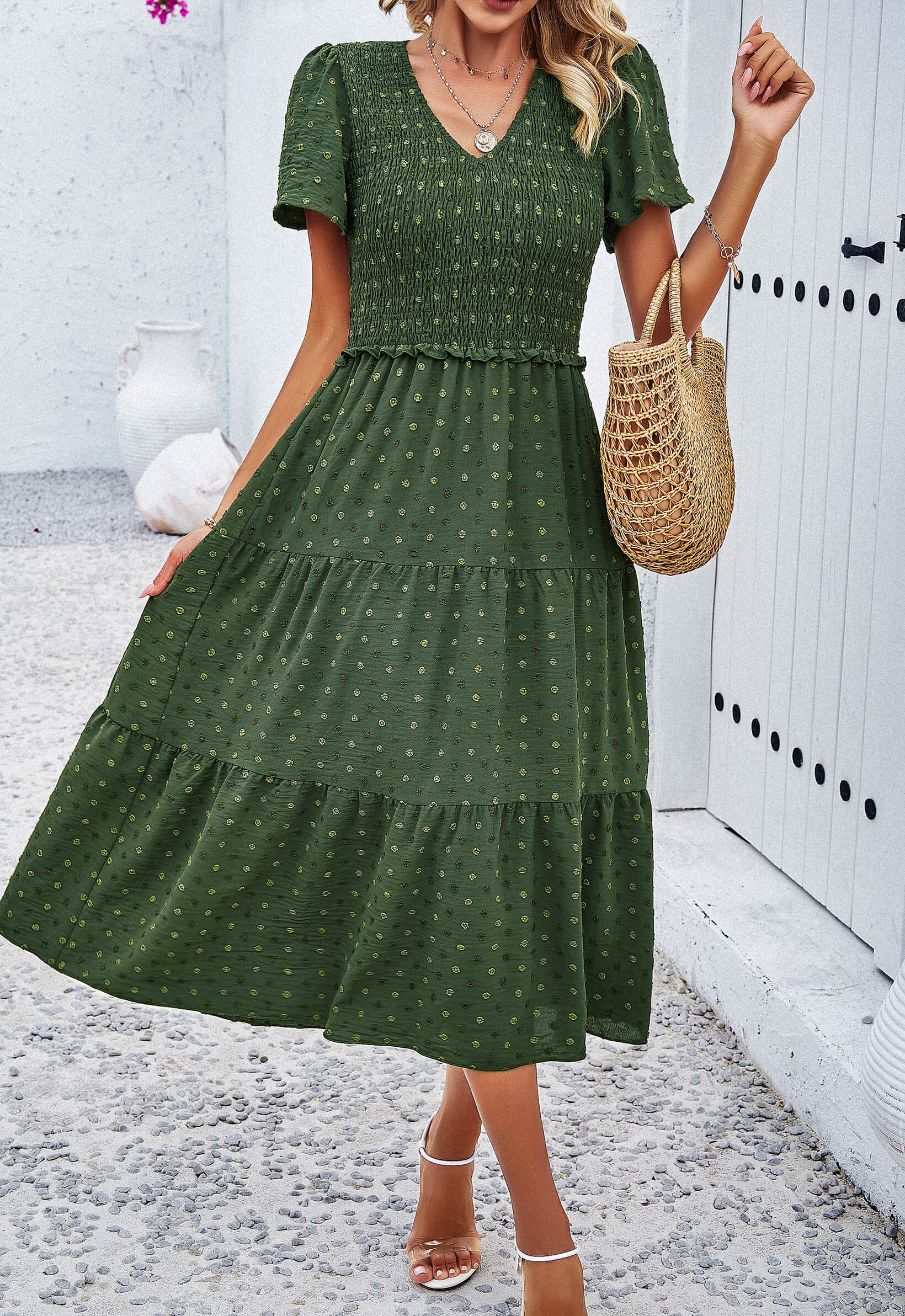 Leonie Spotted Tiered Midi Dress - Green
