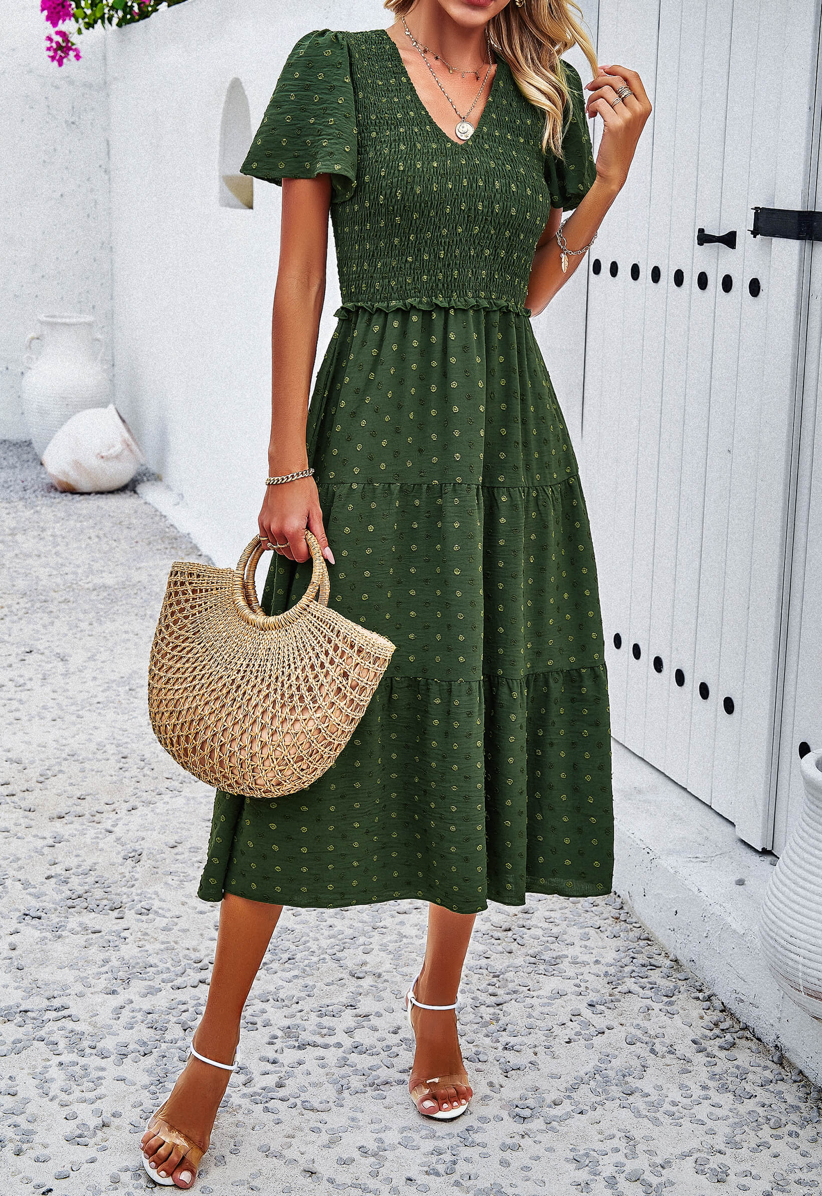Leonie Spotted Tiered Midi Dress - Green