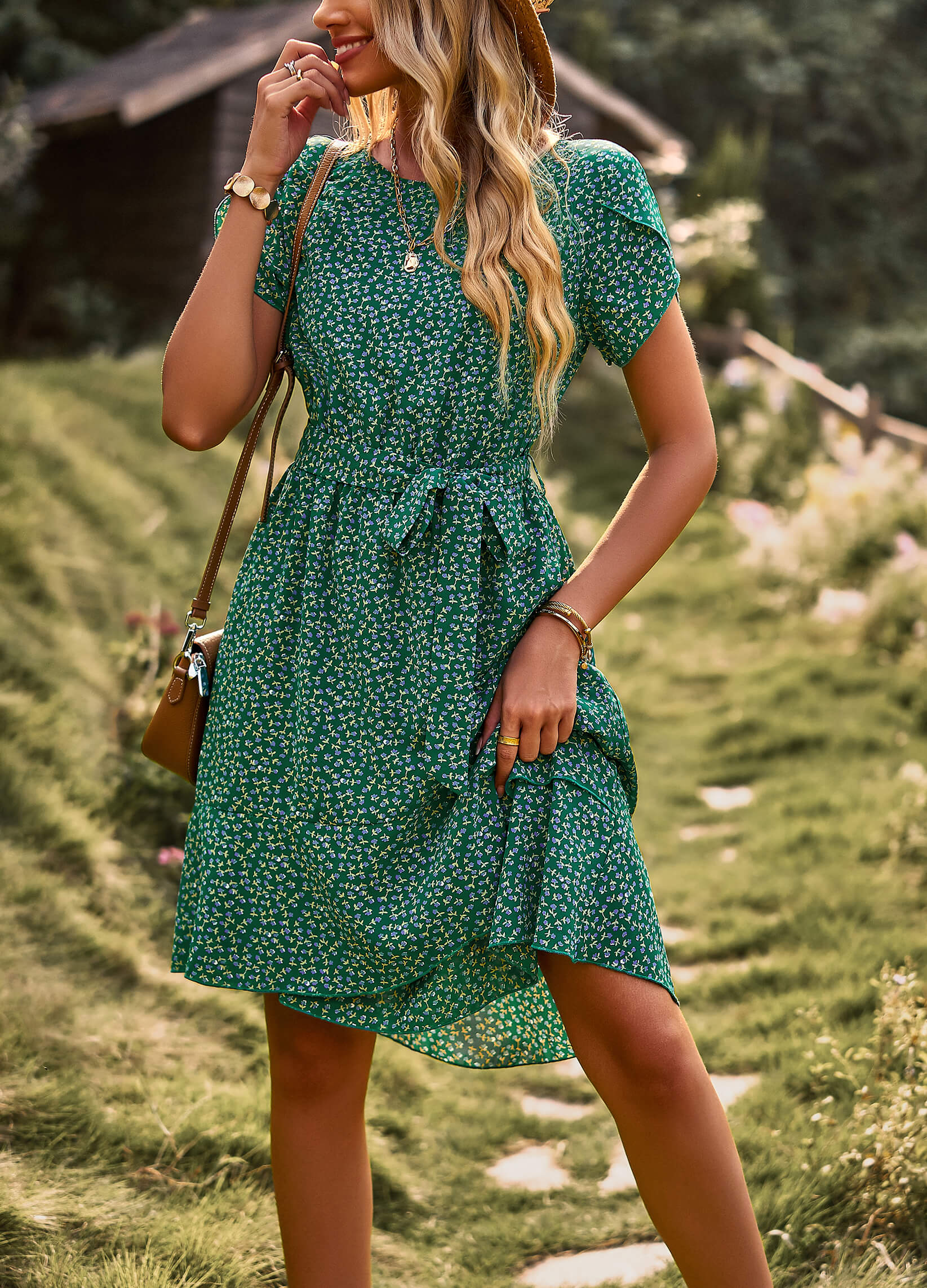 EMILIANA FLORAL DOLL MINI DRESS - GREEN