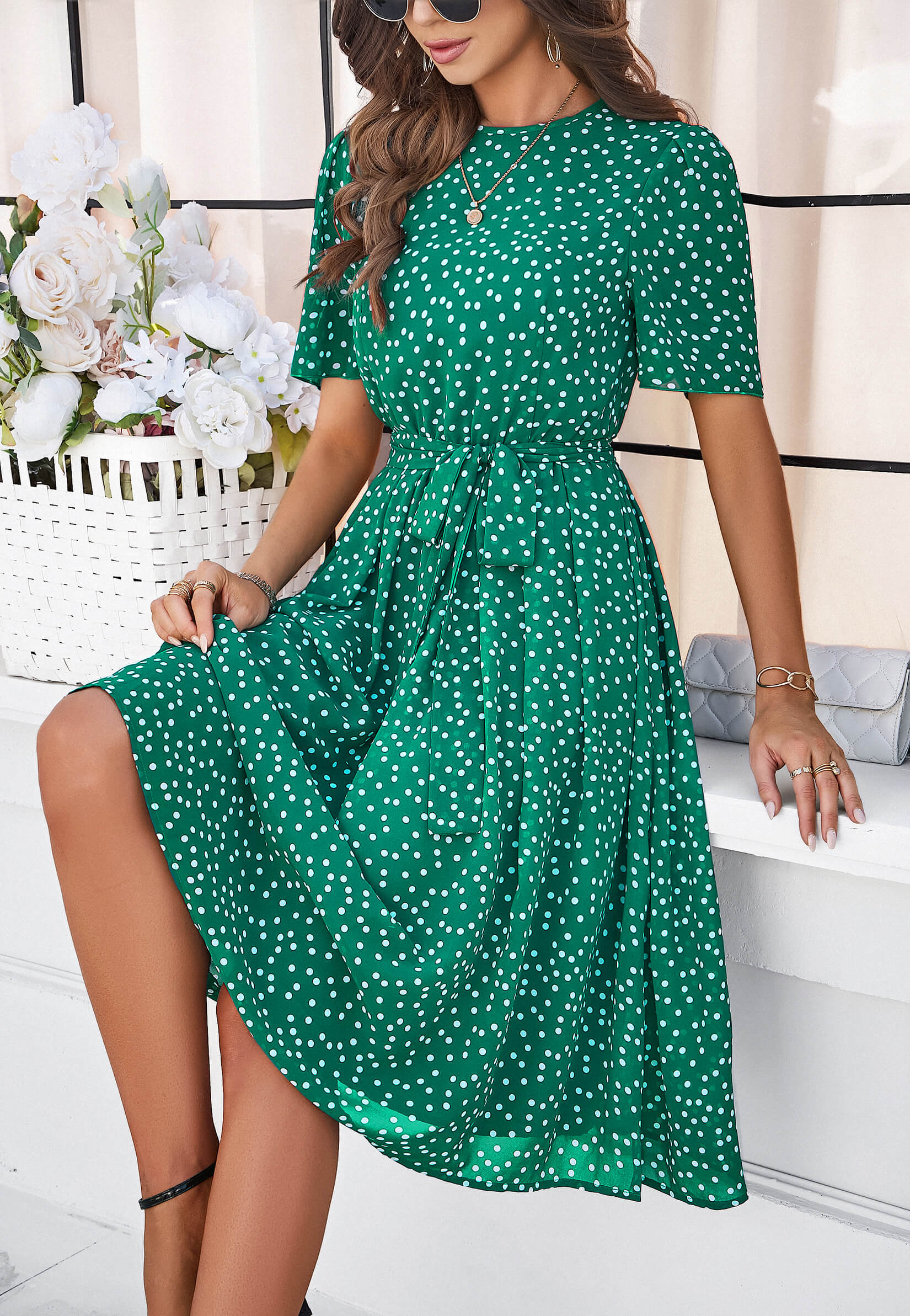 Margaret Polka Dot Midi Dress - Green