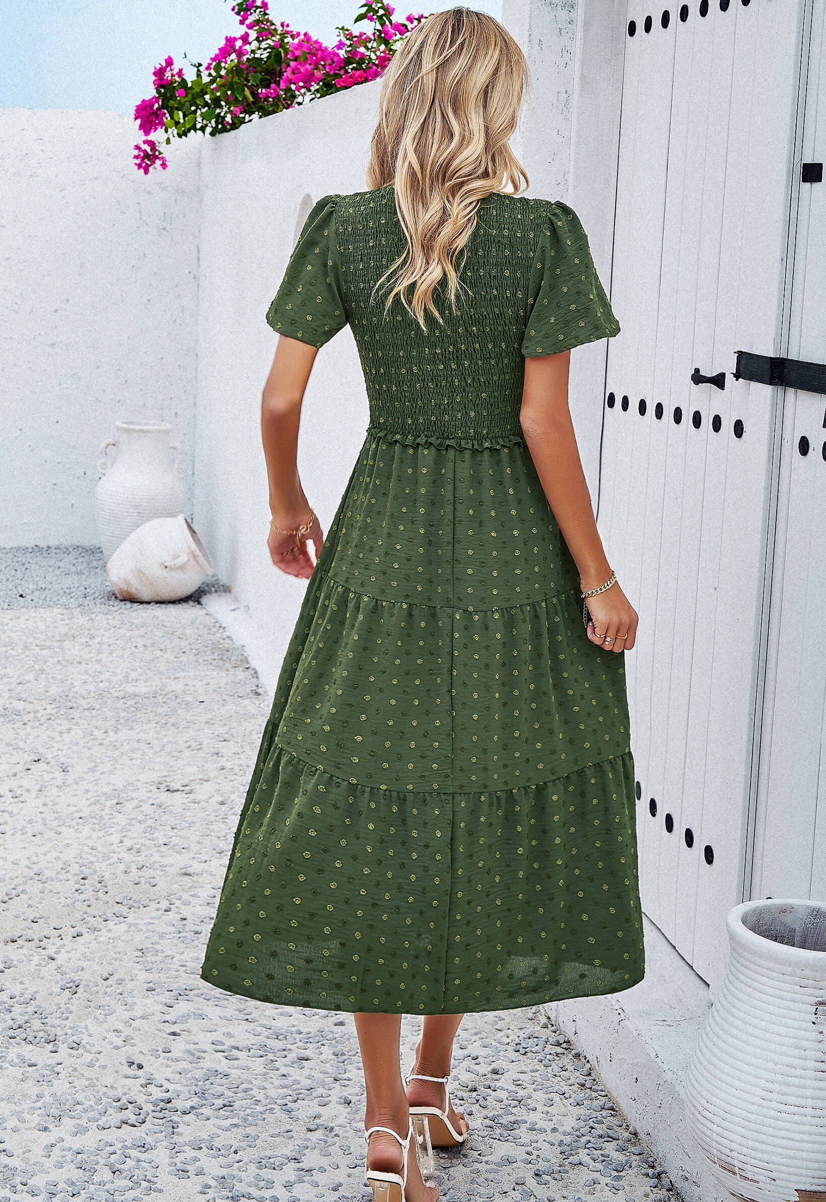 Leonie Spotted Tiered Midi Dress - Green