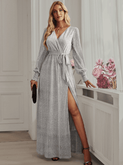 LEANDRA FRONT SPLIT SHIMMER MAXI DRESS - GREY