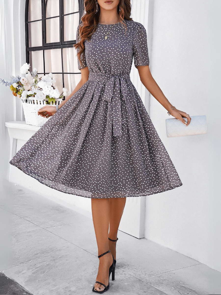 Margaret Polka Dot Midi Dress - Grey