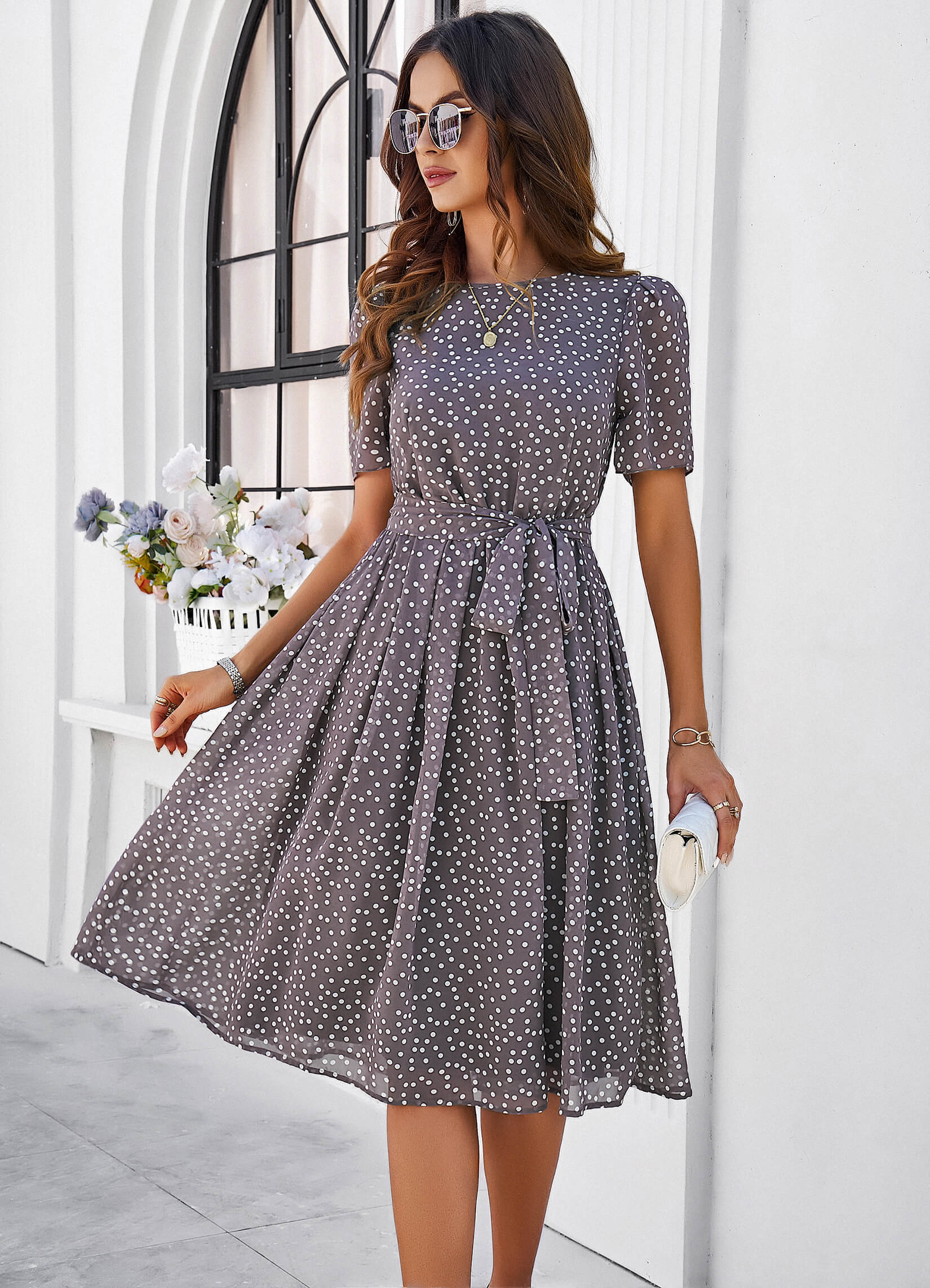 Margaret Polka Dot Midi Dress - Grey