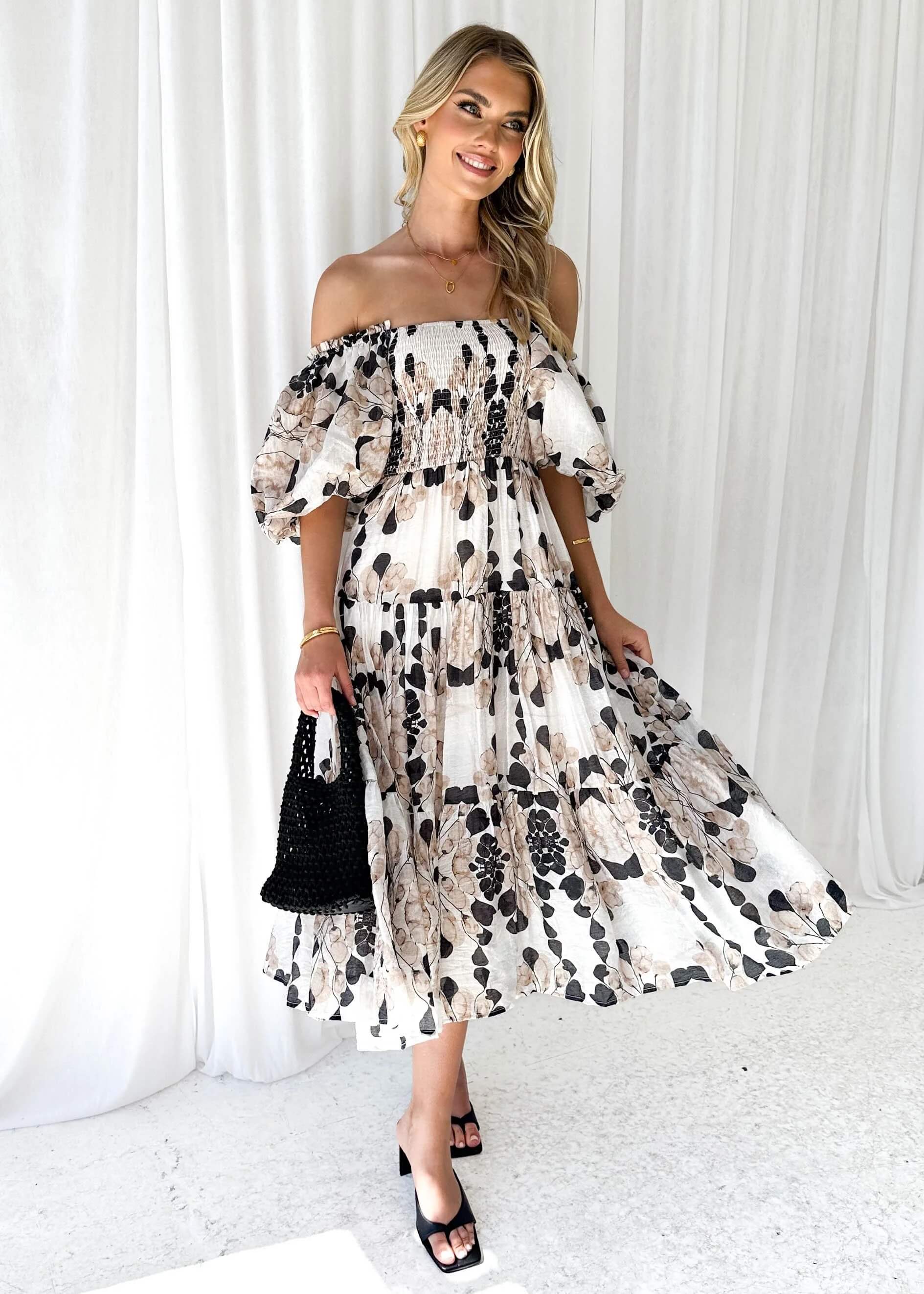 Chiara Floral Off The Shoulder Maxi Dress - Grey