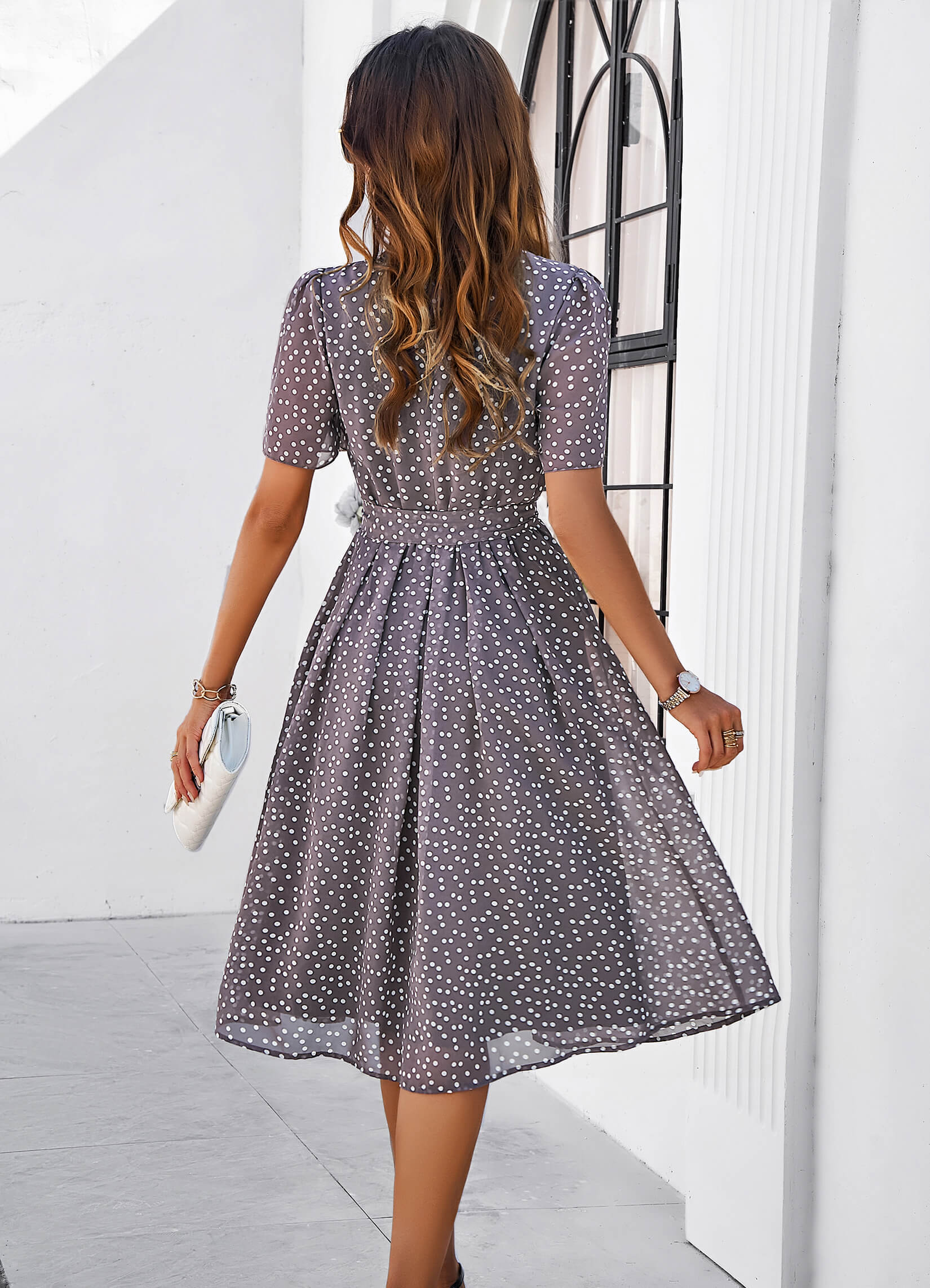 Margaret Polka Dot Midi Dress - Grey