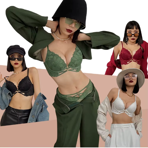 Lace Embroidery Deep V Push Up Brassiere Bra and Panties Set