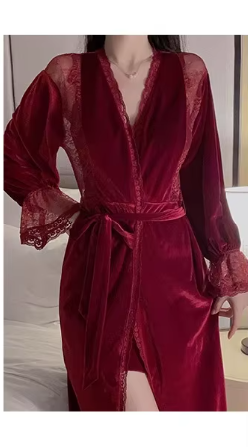 Velvet Lace Splicing Pajamas Night Suit Robe Nightgown