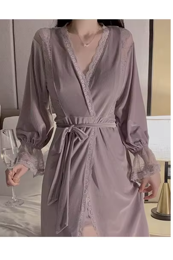 Velvet Lace Splicing Pajamas Night Suit Robe Nightgown
