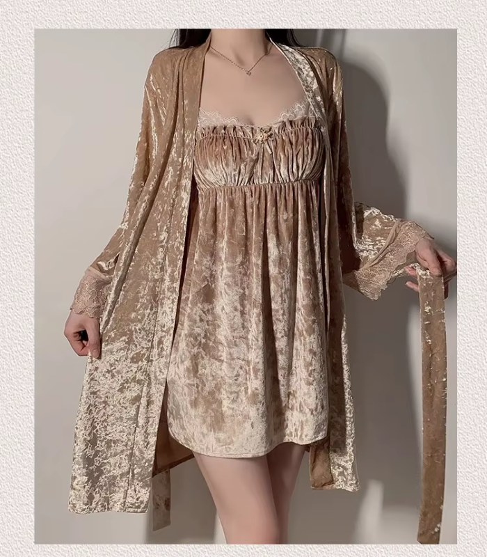 Luxury Velvet Pajamas Slimming Suspender Nightgown Suit